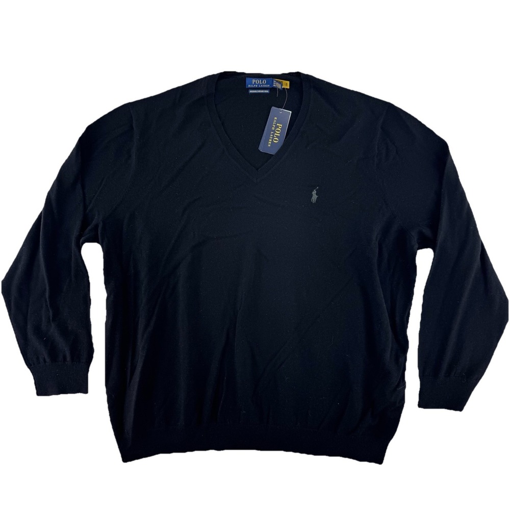 Polo Ralph Lauren Washable Merino Wool V Neck Lightweight Sweater Mens 4xB Black - Picture 1 of 10
